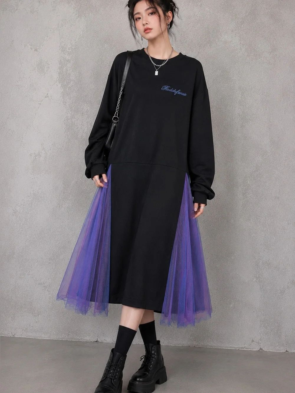 Elf Sack Black Sweatshirt Dress Purple Tulle Hem Embroidered Relaxed Fit Size S